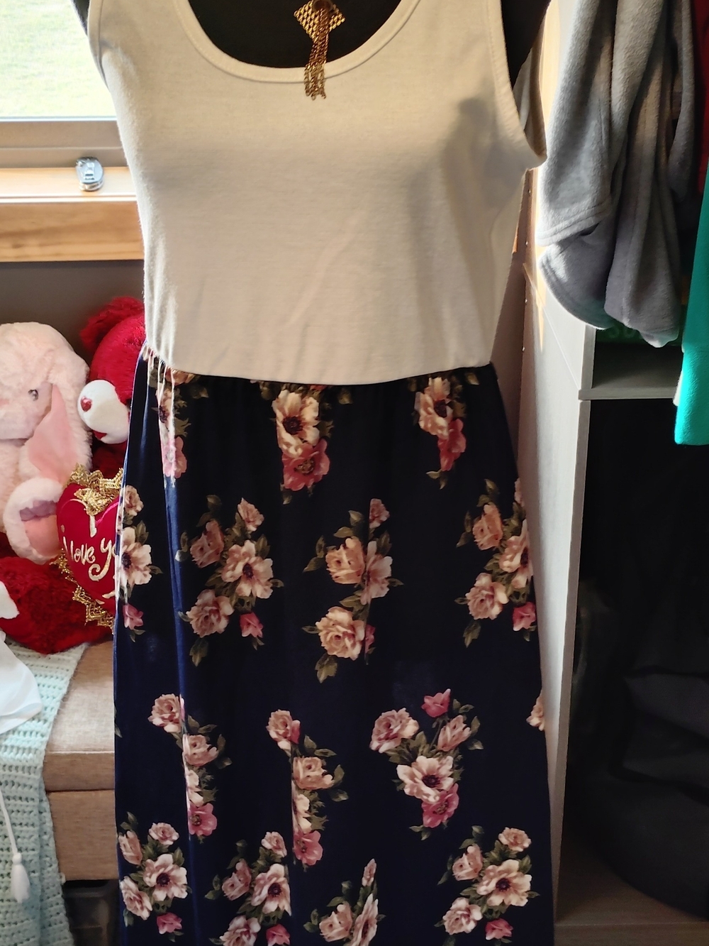 White & Navy Floral Maxi Dress with Pink Rose Print